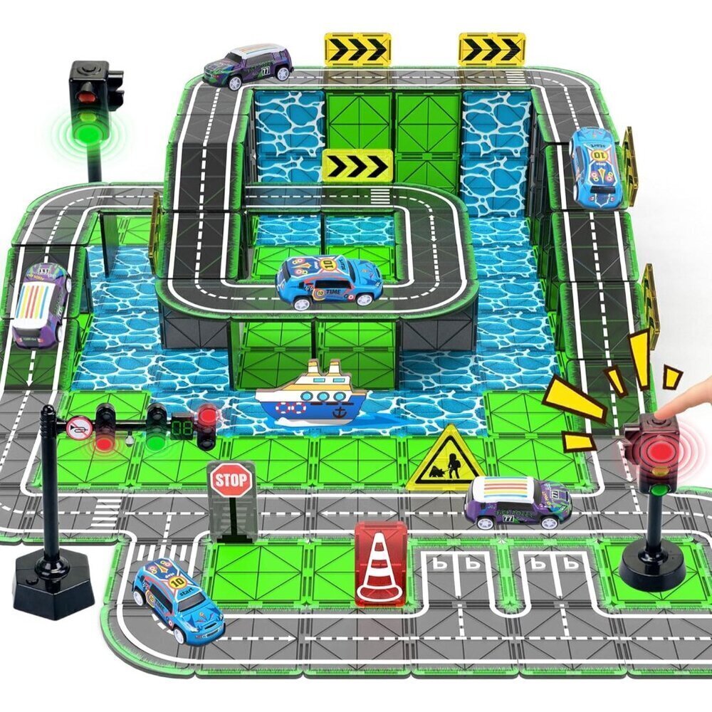 Magnetic Tiles Road Set with Pullback Car & Magnet Ship,Traffic Themed